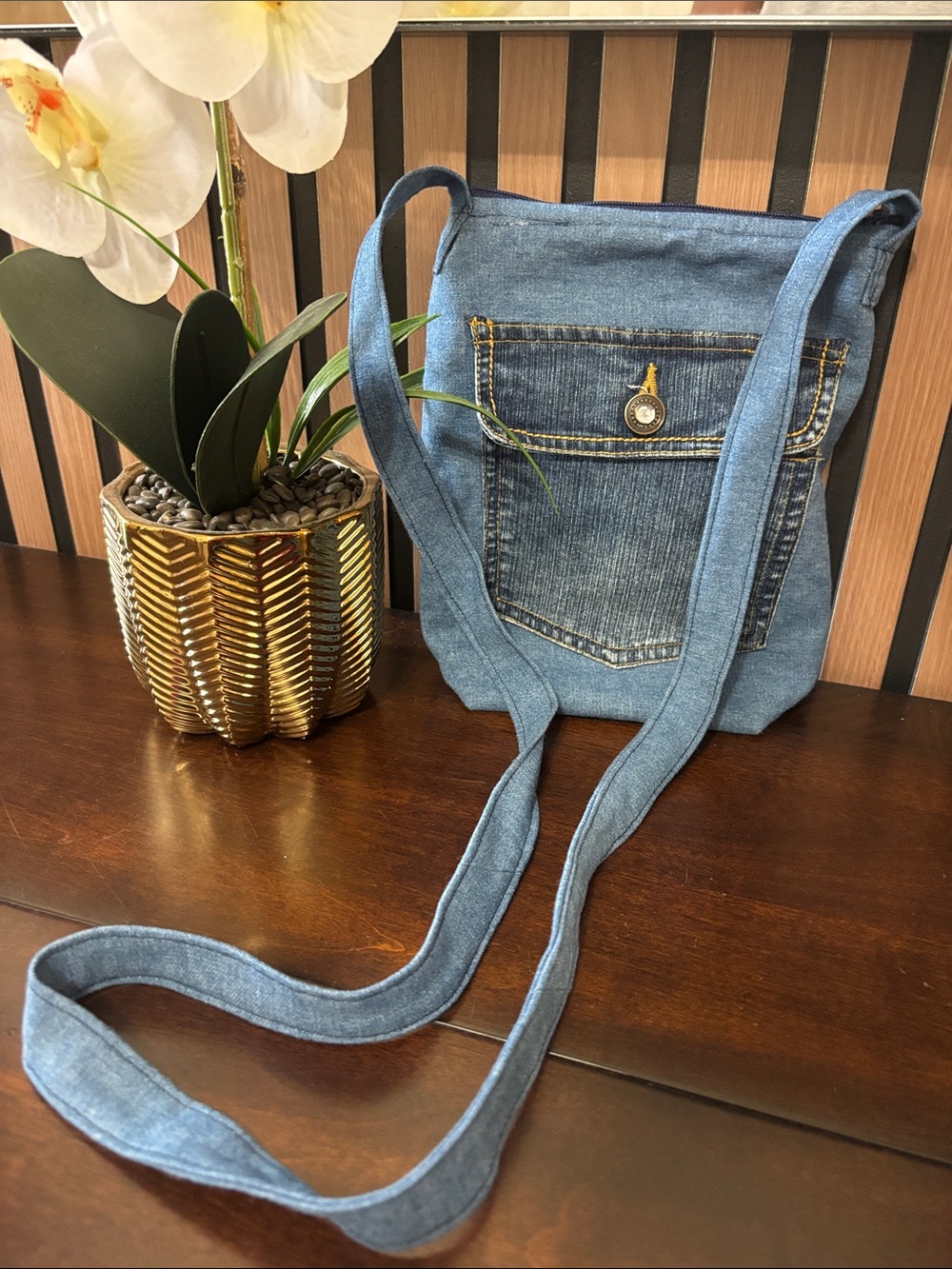 Denim Crossbody Bag with Front Pocket - Blue